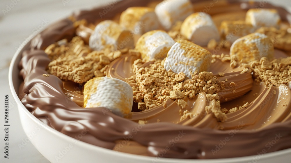 close-ups capture the gooey marshmallow, chocolate ganache, and graham cracker layers of a s'mores trifle, reminiscent of cozy campfire nights. close-ups capture the gooey marshmallow, chocolate ganache, and graham cracker layers of a s'mores trifle, reminiscent of cozy campfire nights.