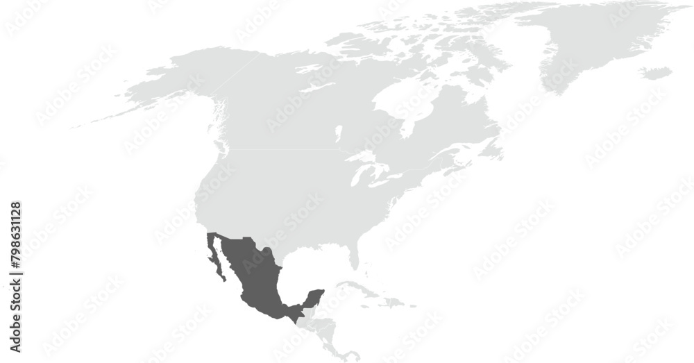 Dark grey detailed blank political map of MEXICO on transparent background using cylindrical projection of the light grey North American continent