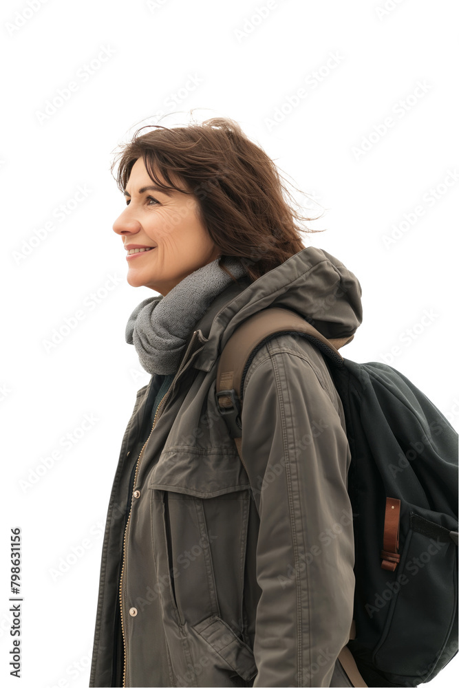 Contemplative Middle-Aged Woman with Backpack Looking Forward