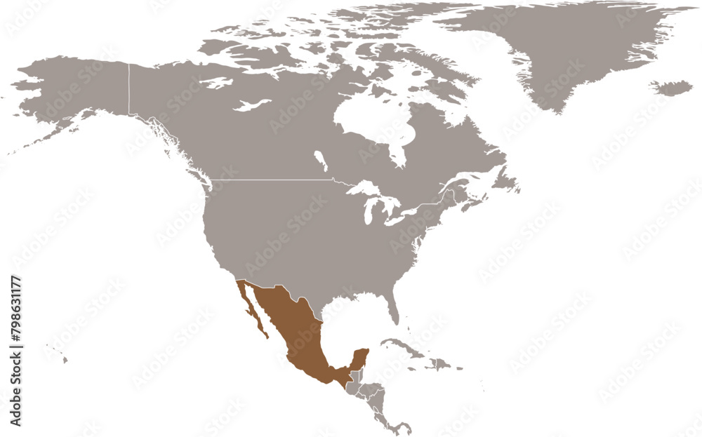 Dark brown detailed blank political map of MEXICO on transparent background using orthographic projection of the light brown North American continent