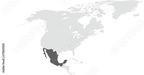 Dark grey detailed blank political map of MEXICO on transparent background using cylindrical projection of the light grey North American continent