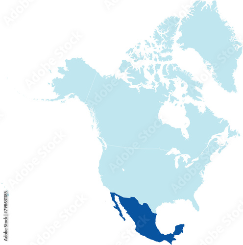Dark blue detailed blank political map of MEXICO on transparent background using orthographic projection of the light blue North American continent