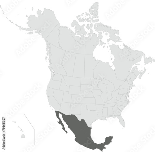 Dark grey detailed blank political map of MEXICO with black state borders on transparent background using orthographic projection of the light grey North American continent