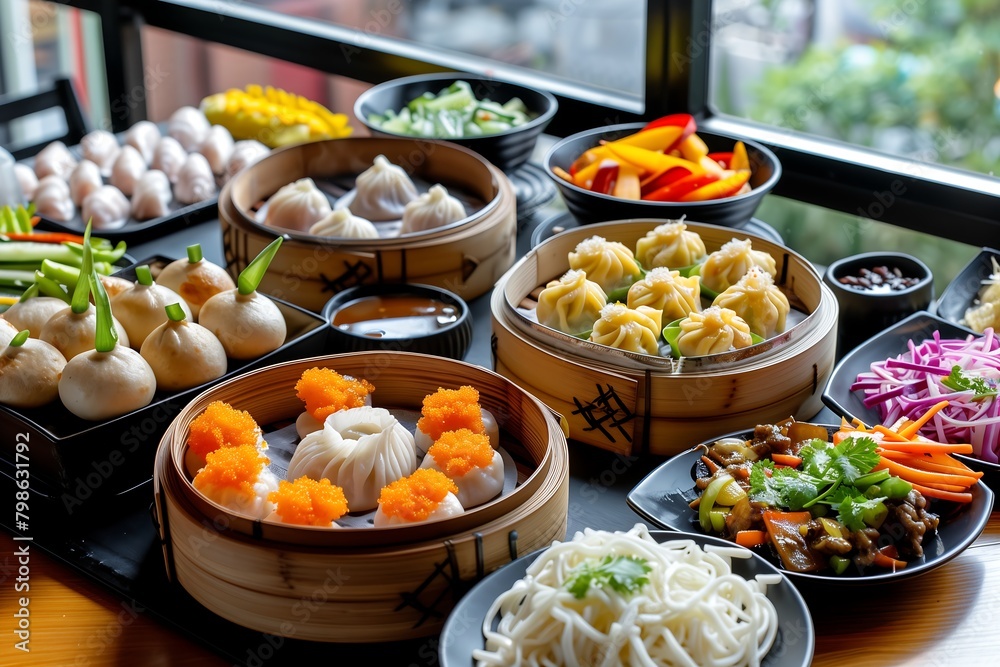 A vibrant dim sum spread featuring an assortment of colorful Asian dishes including steamer baskets brimming with dumplings, har gow, siu mai, and buns