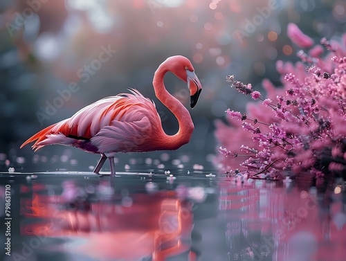 Elegant Flamingo Amidst Lavender Flora