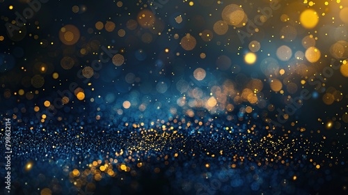 abstract blue and gold background with particles. golden light sparkle and star shape on navy blue background.