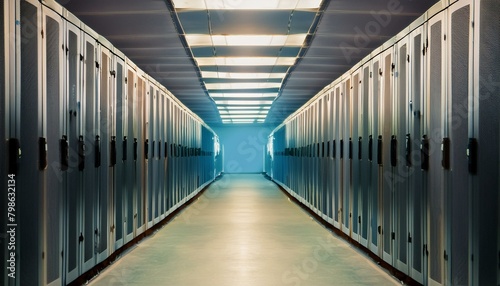 Data center corridor with illuminated server racks