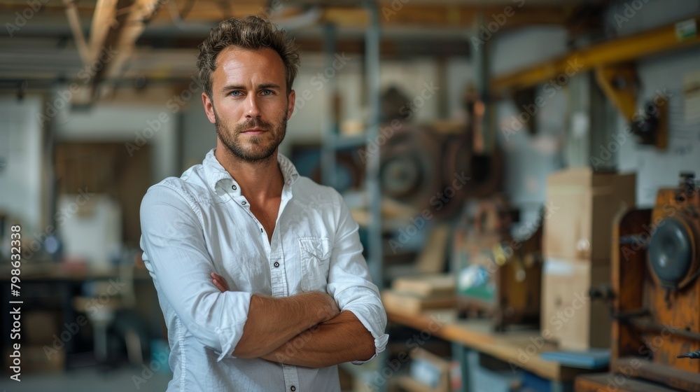 Fototapeta premium A man in a white shirt stands in a workshop with his arms crossed
