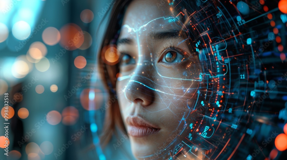 A woman's face is projected onto a screen with a blue eye A woman's face is projected onto a screen with a blue eye