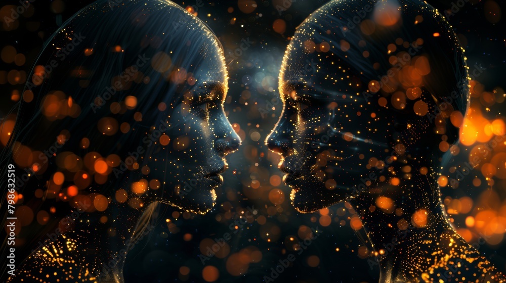 Two women's robot faces are shown in a blurry, glowing effect Two women's robot faces are shown in a blurry, glowing effect