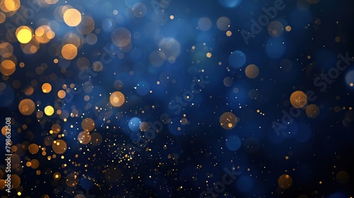 Abstract golden stars glittering particles on dark blue background.