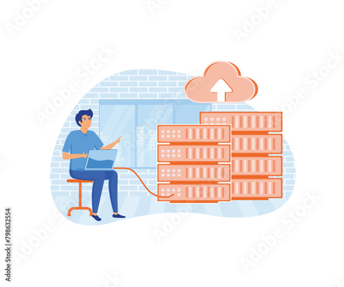 Data server web concept. Technician works in server room racks. Cloud storage technology, database. flat vector modern illustration