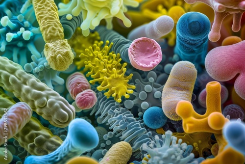 A colorful image of various microorganisms, including bacteria and viruses photo