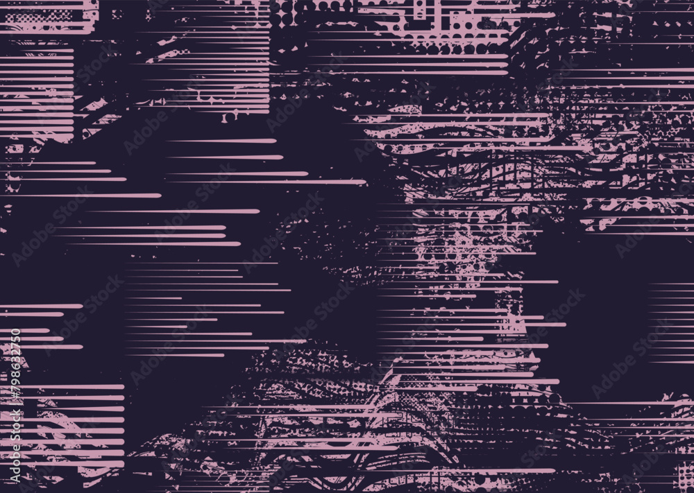Glitch distorted grungy abstract forms . Cyber punk texture. Halftone dots .Futuristic background . Glitched shapes with dots and lines .Screen print  pattern texture