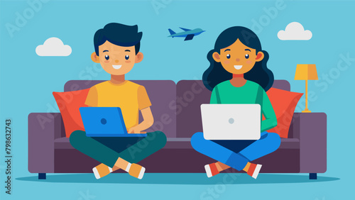 Two siblings sit on a comfy couch with a laptop researching cheap flights and accommodations for their muchanticipated sibling trip.