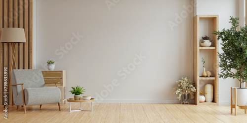 Minimal room with an armchair on empty white wall background- 3D rendering