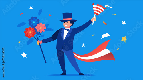 With a wave of a flag the magician transforms a bouquet of flowers into a bouquet of fireworklike bursts symbolizing the patriotism and pride felt. Vector illustration