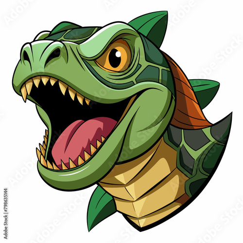 the image features an illustration of a turtles head, open mouth, sharp teeth,on white background.