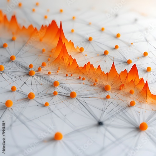 A 3D rendering of a graph with orange representing nodes, connected by orange lines photo