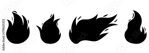 Vector bright burn flame black shape icon set isolated on white background. Hot fire flat silhouette clipart sings collection. Burning fireball signs.