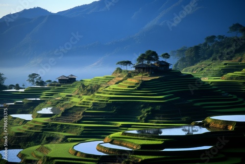 Stunning view of himalayan mountains at sunrise with rice fields and mountain river photo