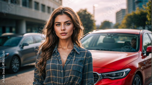 Beautiful young woman with long wavy hair, wearing a dress, posing on the street near a car. © i7 Goraya