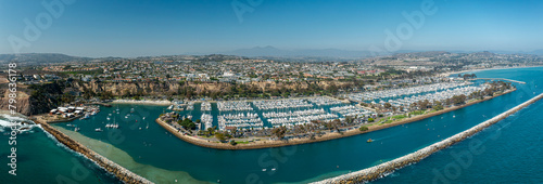 Aerial Panoramic View of Dana Point Harbor and Jetty with Many Boats