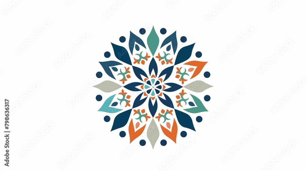a simple, white-backed flat vector logo featuring an orange and blue flower. There are flowers in the symmetrical design that are light green, teal, and turquoise in color.