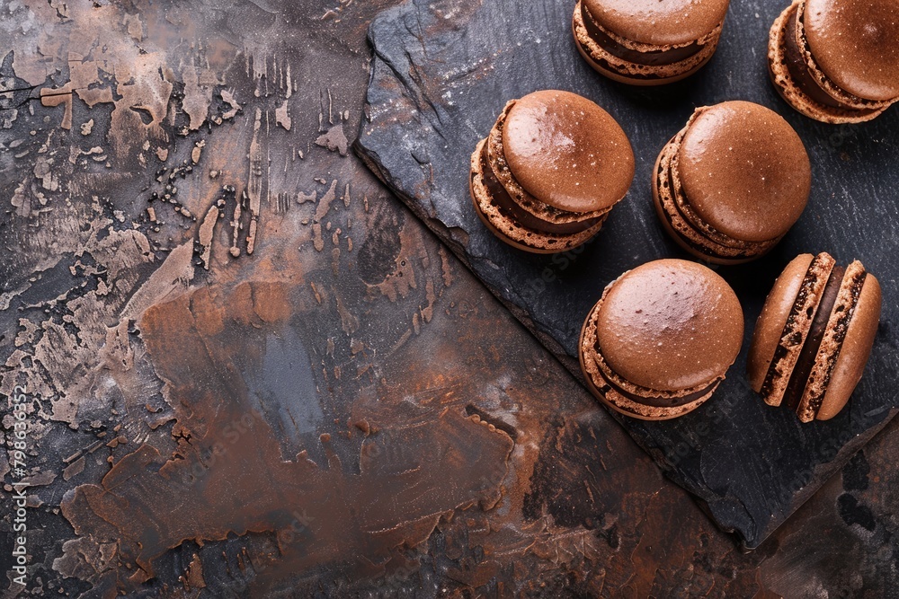 Elegant chocolate macarons paired with dark chocolate pieces, artistically presented on a textured slate background. Elegant chocolate macarons paired with dark chocolate pieces, artistically presented on a textured slate background.
