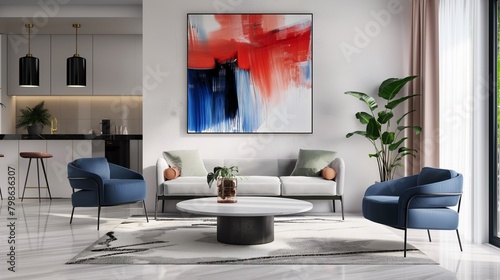 An open living room with white walls and blue furnishings is decorated with an abstract modernist painting. Verdant foliage accents, logical viewpoint photo
