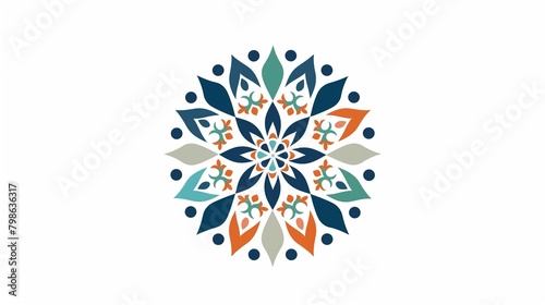 a simple, white-backed flat vector logo featuring an orange and blue flower. There are flowers in the symmetrical design that are light green, teal, and turquoise in color.