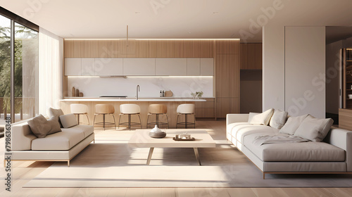 A modern minimalist home interior design with clean lines  sleek furniture  and neutral color palette  featuring an open-concept living space connected to a spacious kitchen  bathed in natural light 