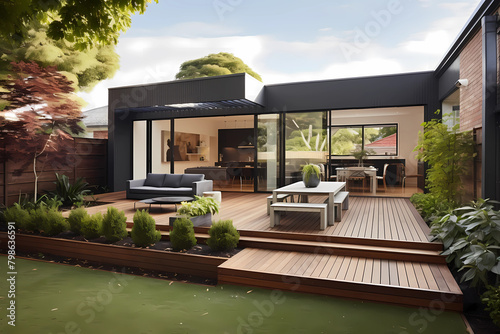 The renovation of a modern home extension in Melbourne includes the addition of a deck, patio, and courtyard area. 