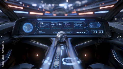 Autonomous futuristic vehicle dashboard concept featuring holographic displays, a wide banner infotainment system, and a head-up display