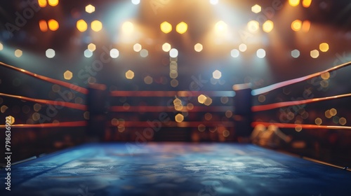 empty boxing ring illuminated by spotlight on blurred  backdrop  photo