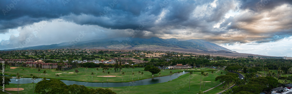Panoramic Aerial View of Maui Golf Course and Storm Clouds Panoramic Aerial View of Maui Golf Course and Storm Clouds