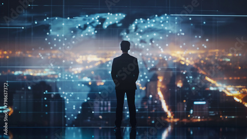 Silhouette of a man looking at a futuristic cityscape with illuminated data points.