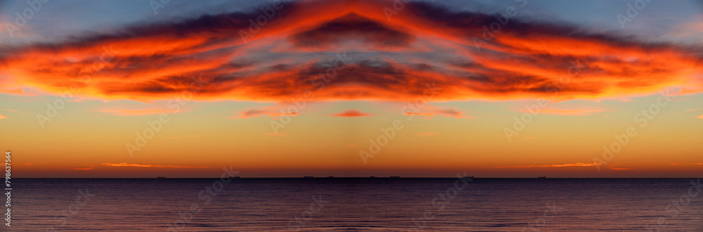Sunset over the sea with symmetrical red clouds in the sky. Mirror image (duplicated). Clouds in the shape of a UFO