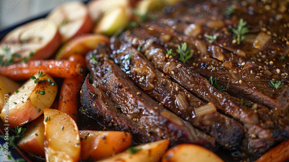 Savor the flavors of tender brisket seasoned with Turkish coffee, roasted with sweet onions, apples, and carrots. Savor the flavors of tender brisket seasoned with Turkish coffee, roasted with sweet onions, apples, and carrots.