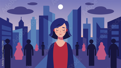 A person closing their eyes and taking deep breaths while standing in the midst of skyscrs and honking cars..