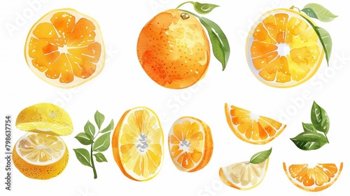 Summery orange fruit set with watercolor style. Fresh citrus fruits and orange slices on a white background.
