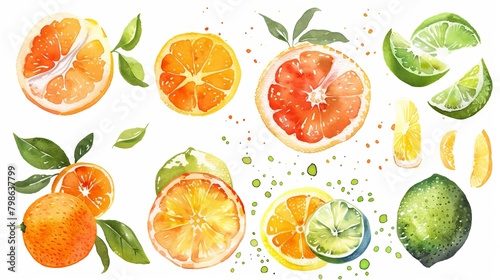 Summery orange fruit set with watercolor style. Fresh citrus fruits and orange slices on a white background.