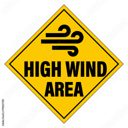 High wind area. Yellow rhombus warning sign with wind pictogram and text.