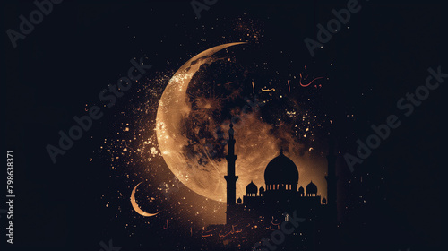 Eid Mubarak greeting with particles moon mosque, Blessed Festival, Alpha channel ready, Isolated transparent, Ready for overlay.