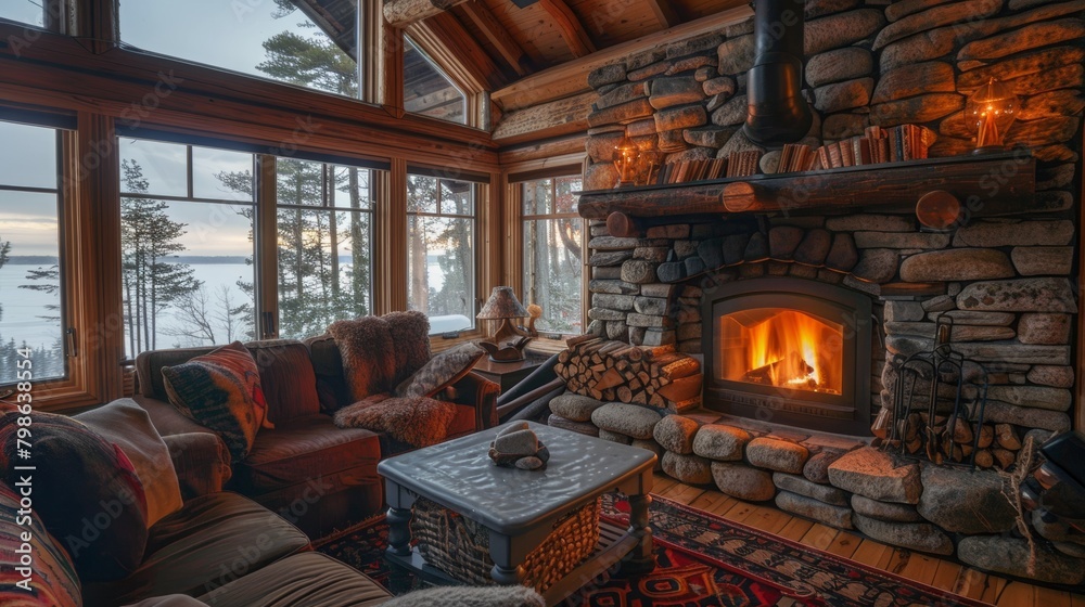Rustic Cabin Interior with Cozy Fireplace