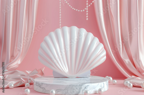 3D rendering of a white marble podium in the shape of a seashell with a pink background and pearls, Generative AI