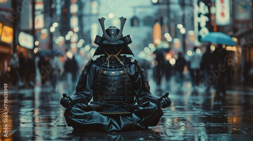 Creative shot of a modernday samurai in armor meditating in an urban setting, blending ancient traditions with contemporary life