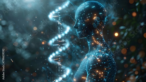 Futuristic human silhouette with glowing hologram, visualization 3d rendering universe technology, genome DNA on digital background