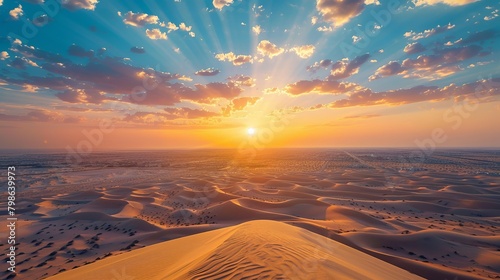 The sun sets over the vast desert sands, casting golden hues across the horizon in Dubai, United Arab Emirates. photo