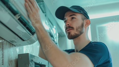 Handsome young HVAC technician in blue cap and t-shirt repairing or installing air conditioning unit indoors